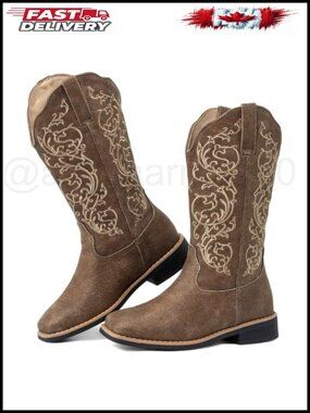 Wide Calf Cowboy Boots Square Toe Floral Embroidery Mid-Calf Western Boots